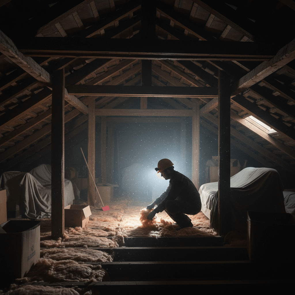 Techniker prüft Dachboden auf Rattenbefall