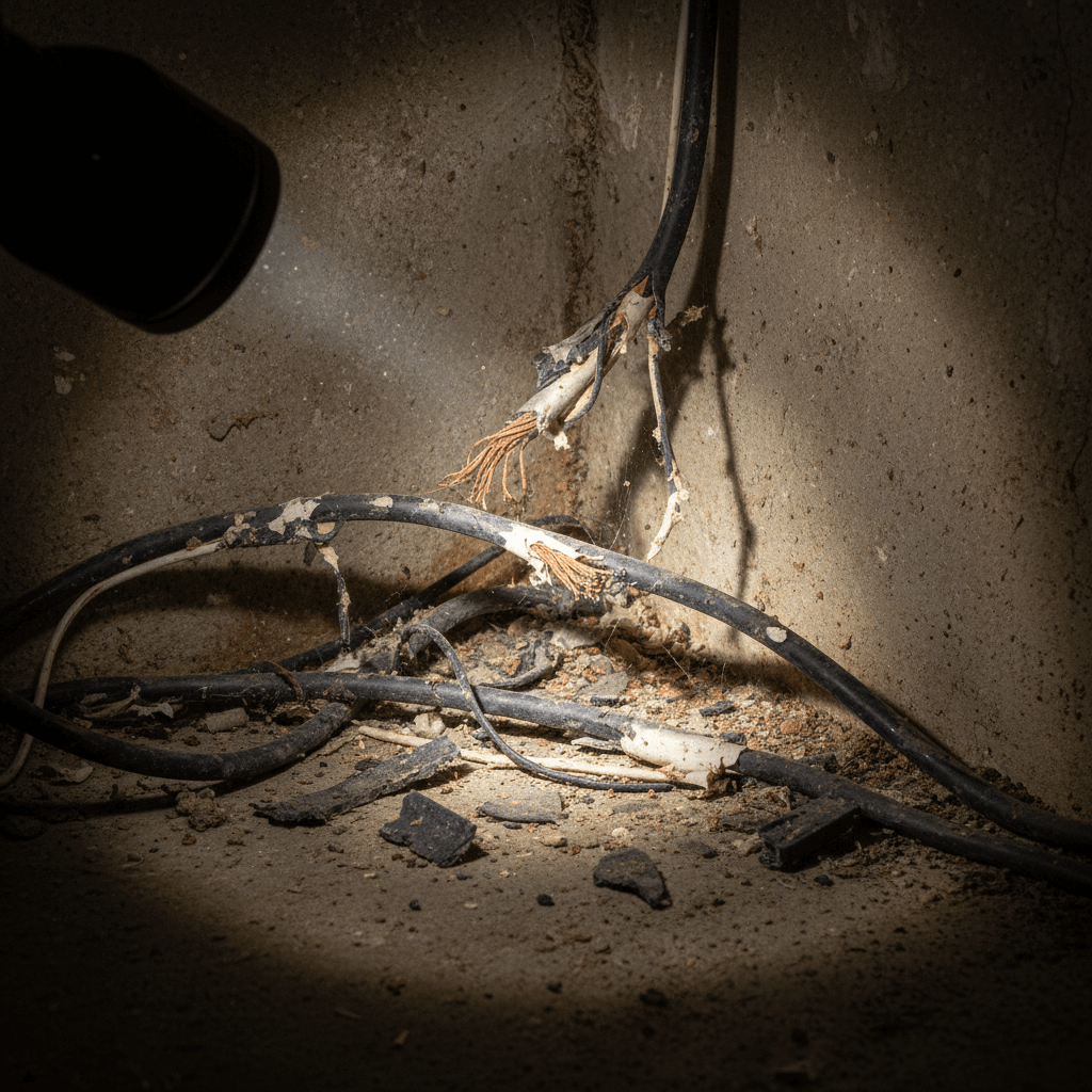 Zerstörte Dämmung und Kabel durch Rattenbefall im Keller